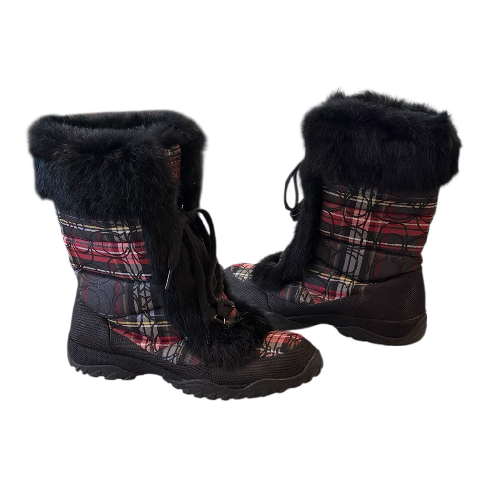 COACH Jennie Tartan Plaid Rabbit Fur Trim Lace Up Winter Snow Boots Size 9 - Picture 2 of 9